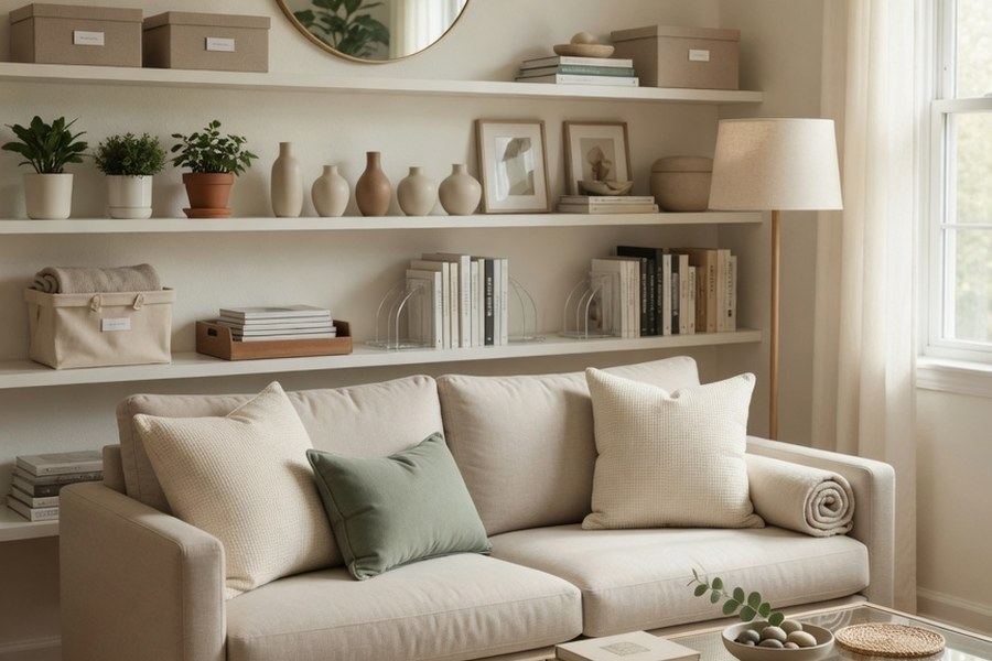 Calm, clutter-free living room with tidy shelving